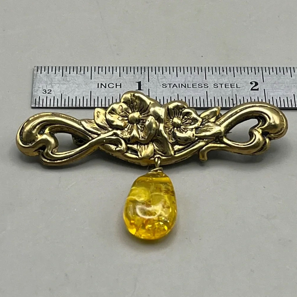 Elegant Gold Tone Floral Brooch with Amber Drop Antique Jewelry Statement Piece